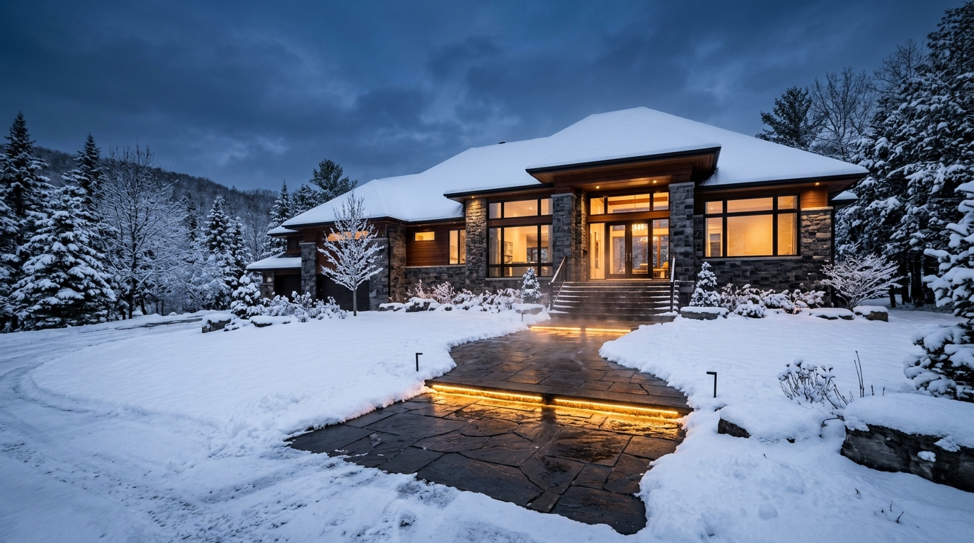 Heated stone walkway stays clear and dry while surrounding snow covers the landscape